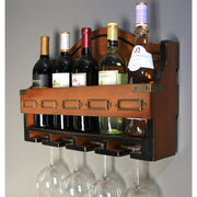 Fali bortartó öt palack borral és öt borospohárral.