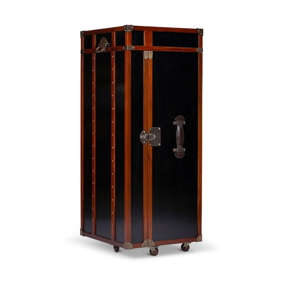 Századfordulós utazási bőröndök stílusában készült, fekete és mahagóni színű többfukciós bárszekrény zárt állapotban.