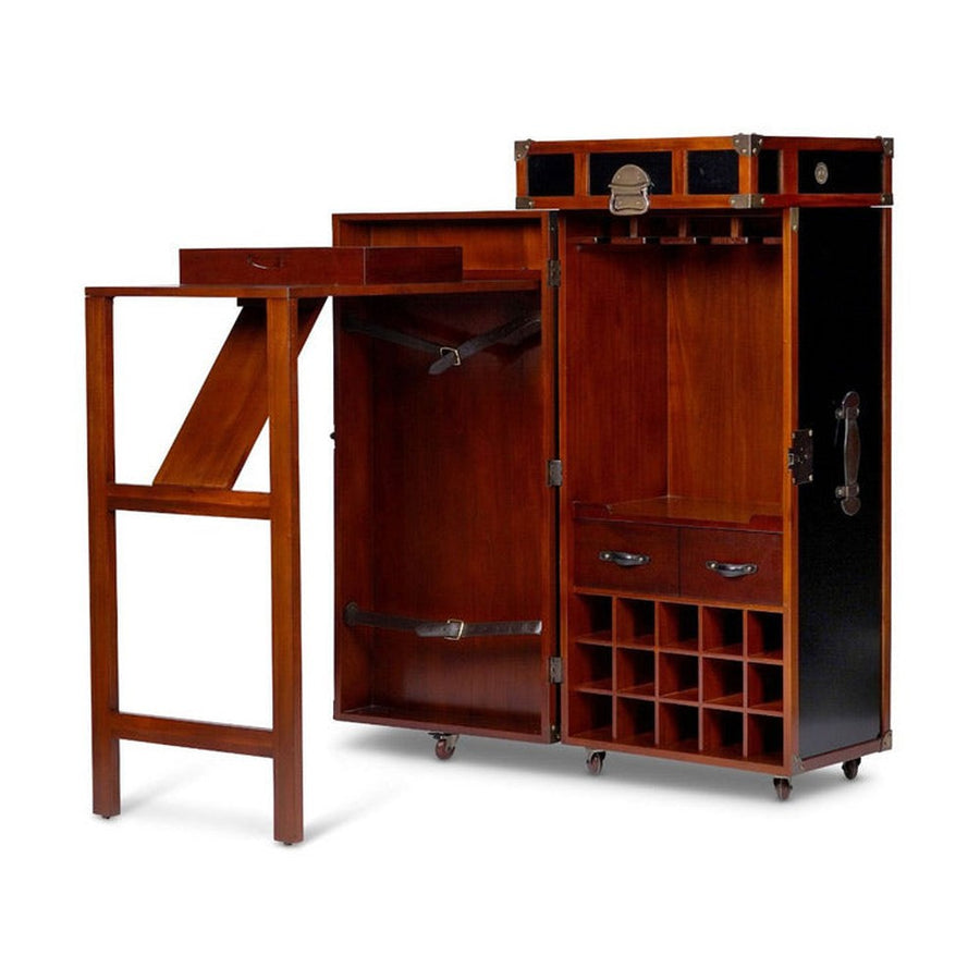 Századfordulós utazási bőröndök stílusában készült, fekete és mahagóni színű többfukciós bárszekrény nyitva