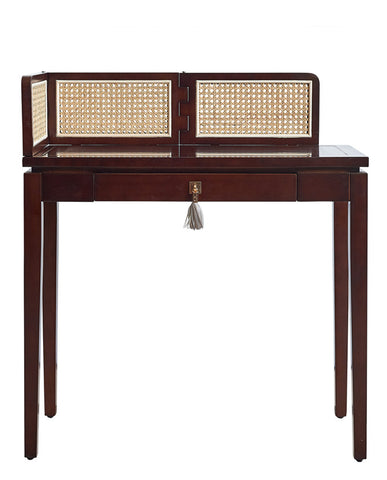 Klasszikus, vintage stílusú, kaucsukfából készült íróasztal, rattanberakásos árnyékoló panellel.