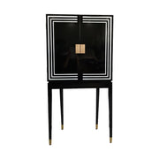 Fából készült, art deco stílusú, fényes fekete bárszekrény, fehér díszítősávokkal.