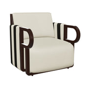 Kőrisfából készült, századközepi modern stílusú, design fotel fekete és fehér sávozott kárpitozással