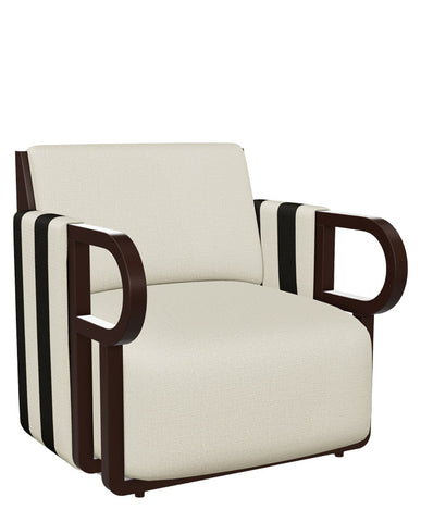 Kőrisfából készült, századközepi modern stílusú, design fotel fekete és fehér sávozott kárpitozással