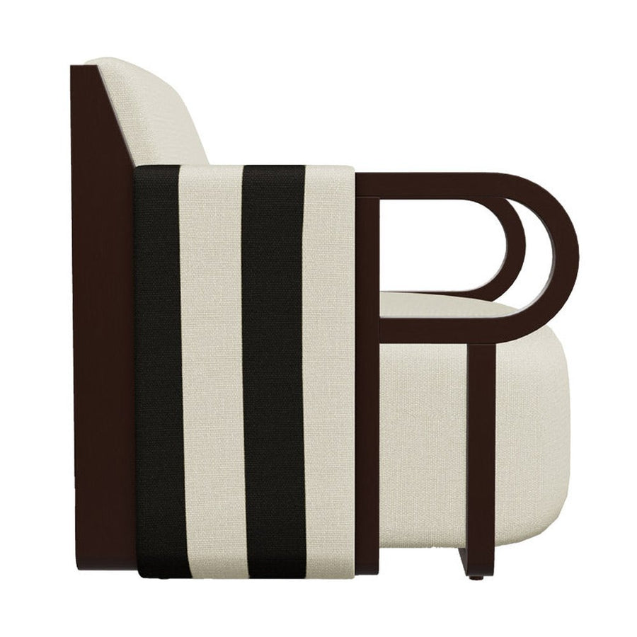 Kőrisfából készült, századközepi modern stílusú, design fotel fekete és fehér sávozott kárpitozással