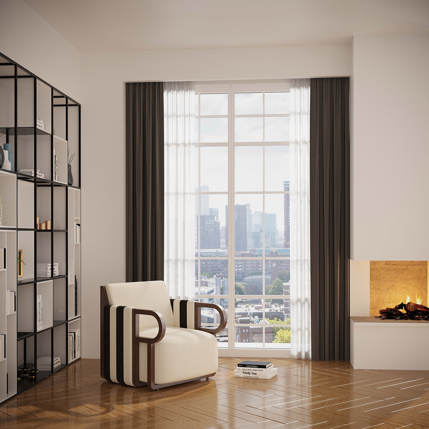 Modern nappaliban, ablak előtt, kandalló mellett álló kortars, design fotel.