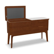 Kőrisfából készült, századközepi modern stílusú, design likőrös komód felnyitott fedéllel.