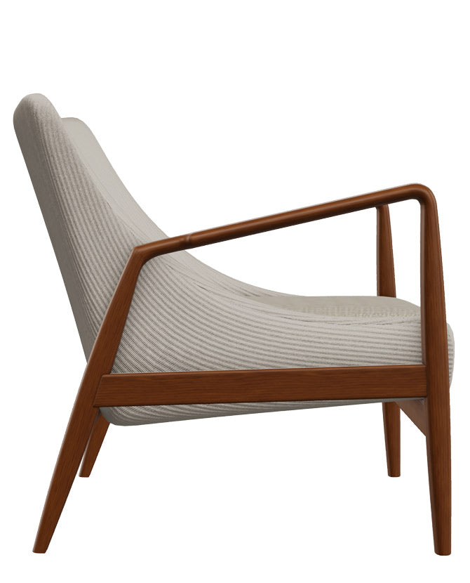 Kőrisfából készült, századközepi modern stílusú, design fotel világosszürke kárpitozással