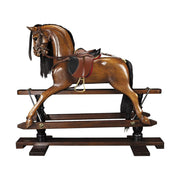 Mahagóni fából készült, lakkozott, kézműves, viktoriánius korabeli hintaló-replika, valódi bőr kantárral és nyereggel.