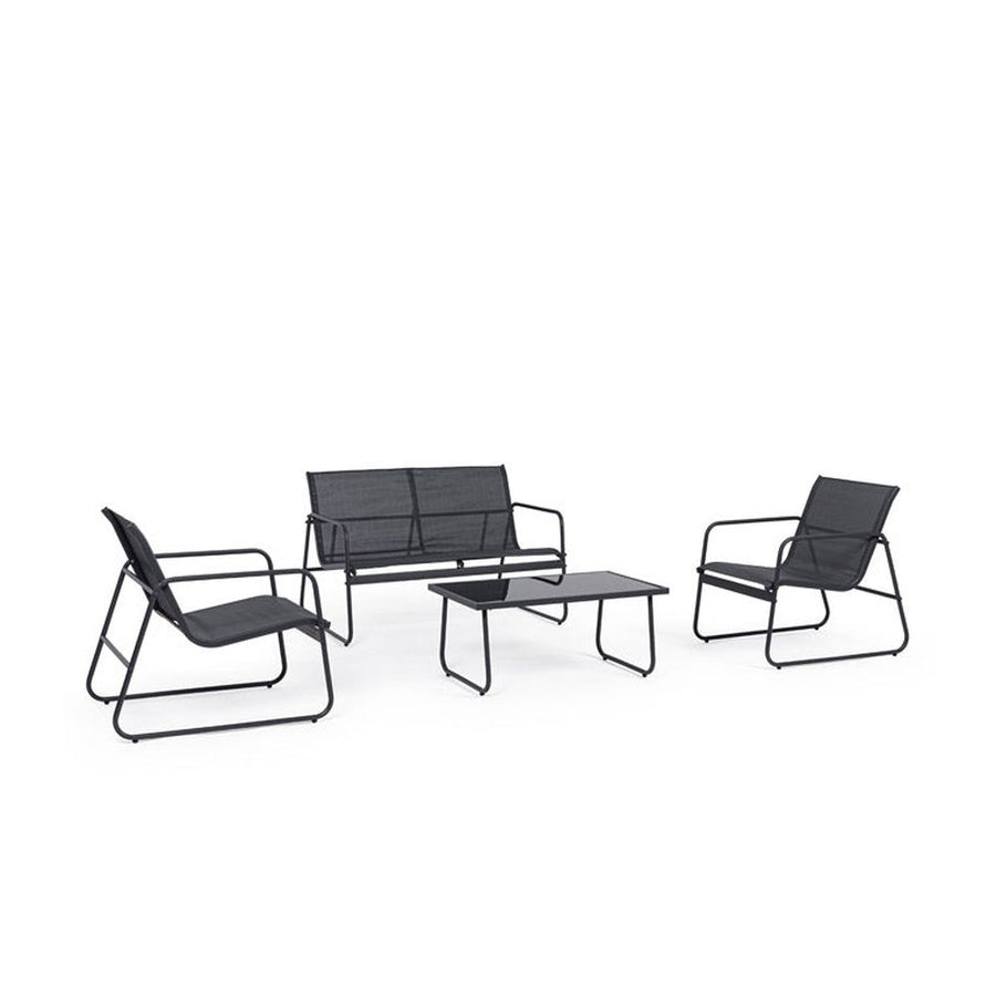 Kortárs stílusú, négyrészes, szénfekete színű fém kerti bútor szett textilén ülőfelülettel.