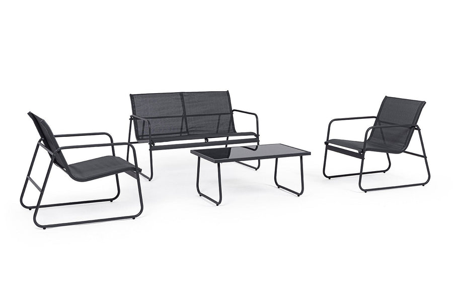 Kortárs stílusú, négyrészes, szénfekete színű fém kerti bútor szett textilén ülőfelülettel.