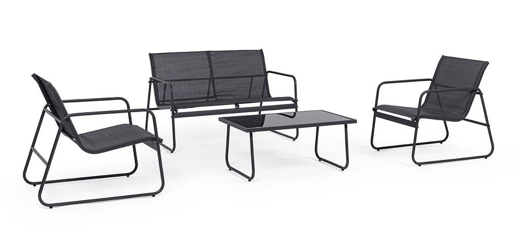 Kortárs stílusú, négyrészes, szénfekete színű fém kerti bútor szett textilén ülőfelülettel.