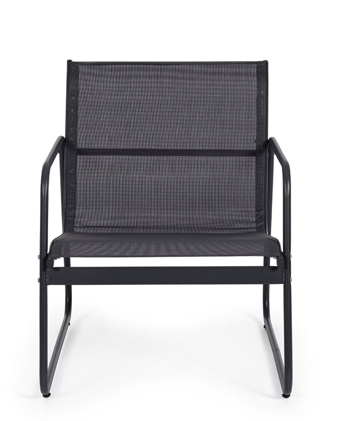 A kortárs stílusú, szénfekete színű fém kerti bútor szett szék eleme.
