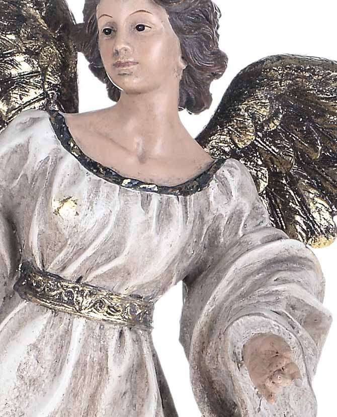 Barokkos megjelenésű, 41 cm magas, antikolt felületű karácsonyi angyal figura óarany szárnyakkal