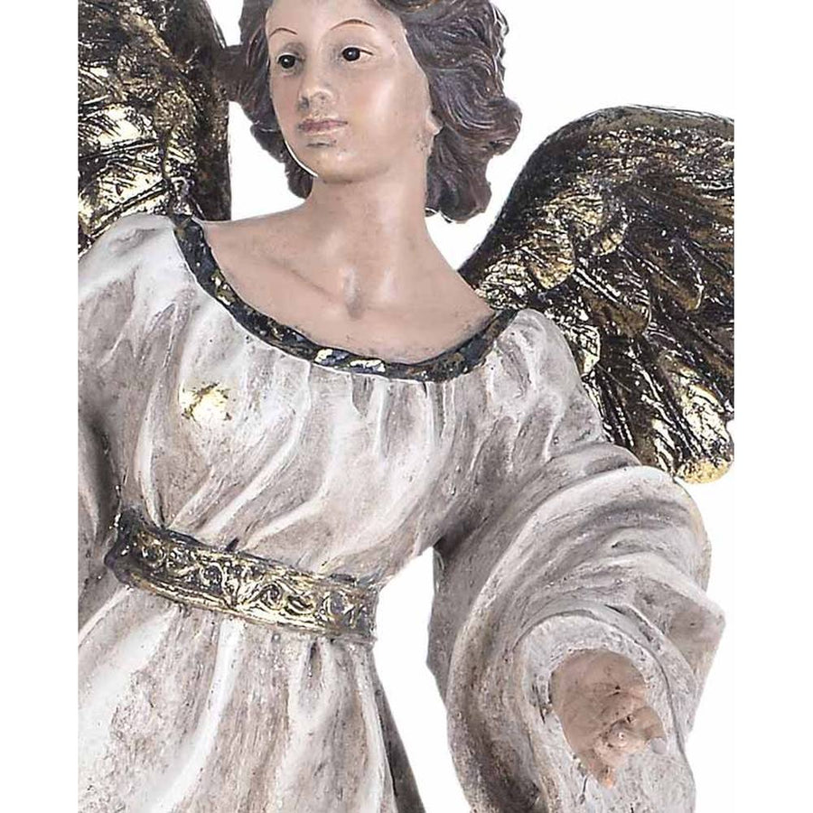 Barokkos megjelenésű, 41 cm magas, antikolt felületű karácsonyi angyal figura óarany szárnyakkal