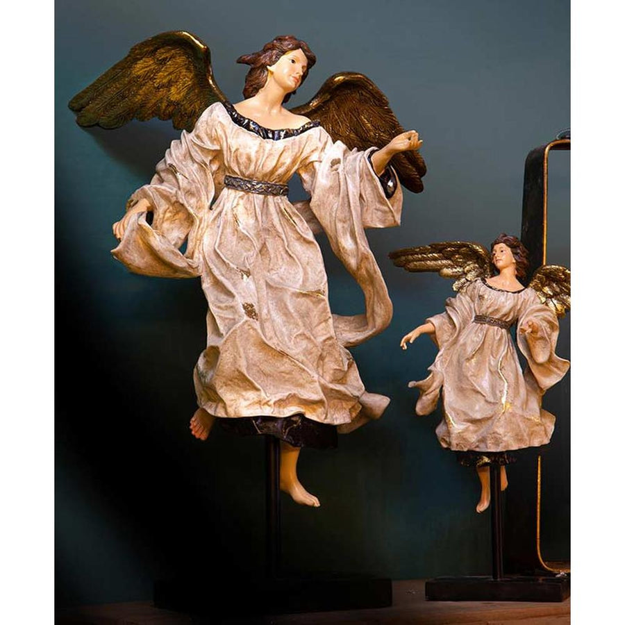 Barokkos megjelenésű, 41 cm magas, antikolt felületű karácsonyi angyal figura óarany szárnyakkal