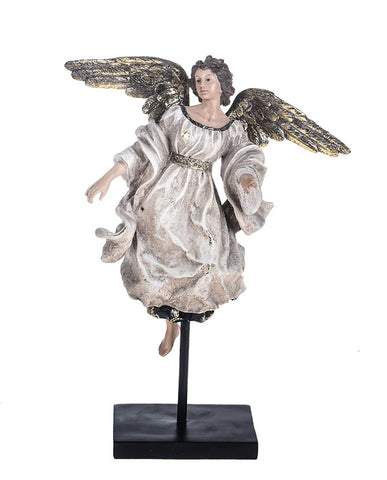 Barokkos megjelenésű, 41 cm magas, antikolt felületű karácsonyi angyal figura óarany szárnyakkal