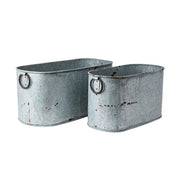 Vidék, country stílusú, óriás méretű, 50 és 60 cm hosszú, antikolt patinás felületű füles bádogkaspó szett