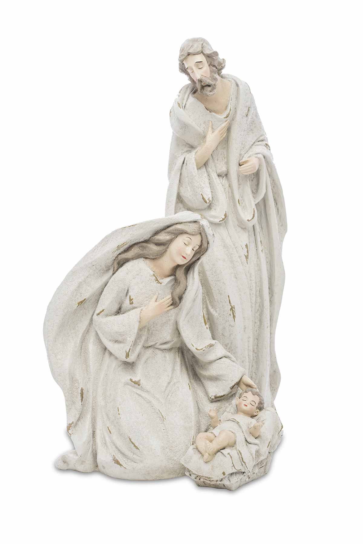 Három darabos, antikolt felületű, kőhatású, pasztell színű betlehem szobor Mária, József és Jézuska alakokkal.