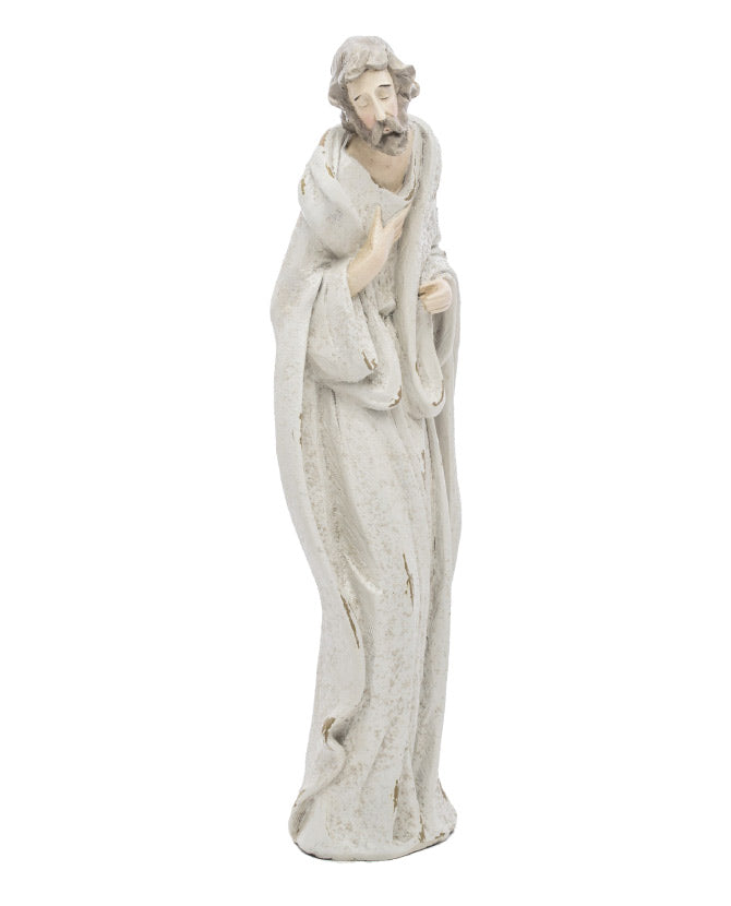 Három darabos, antikolt felületű, kőhatású, pasztell színű betlehem szobor József alakja.
