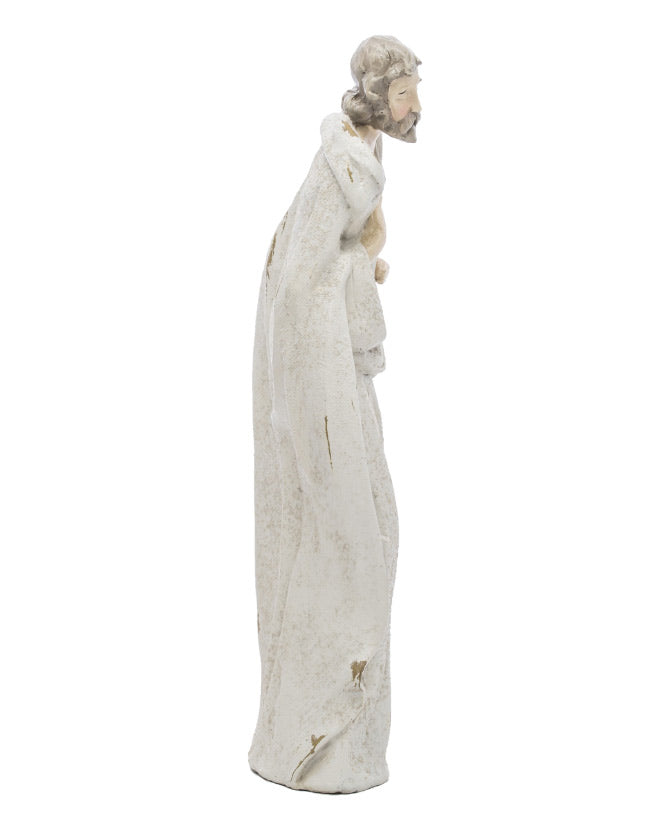 Három darabos, antikolt felületű, kőhatású, pasztell színű betlehem szobor József alakja.