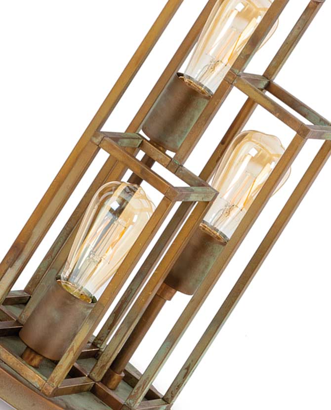 Industrial asztali lámpa, antikolt réz téglalap szerkezetekkel.