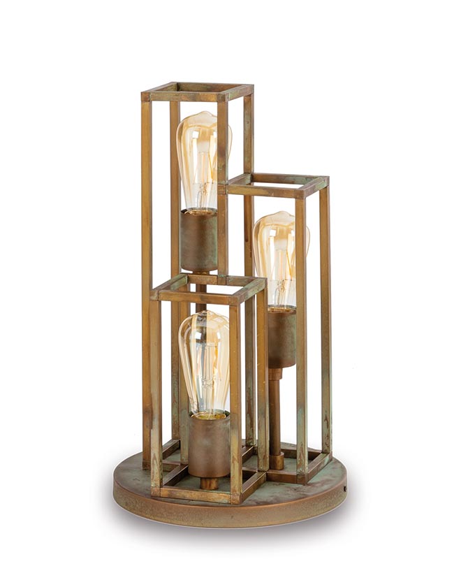 Industrial asztali lámpa, antikolt réz téglalap szerkezetekkel. 
