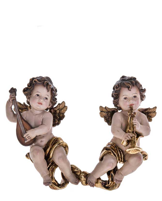 Harsonás és lanton játszó barokk stílusú karácsonyi angyal figurák