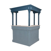 Kék színű, fenyőfából készült bárpult sarokelem öt oszlopon álló galériával.