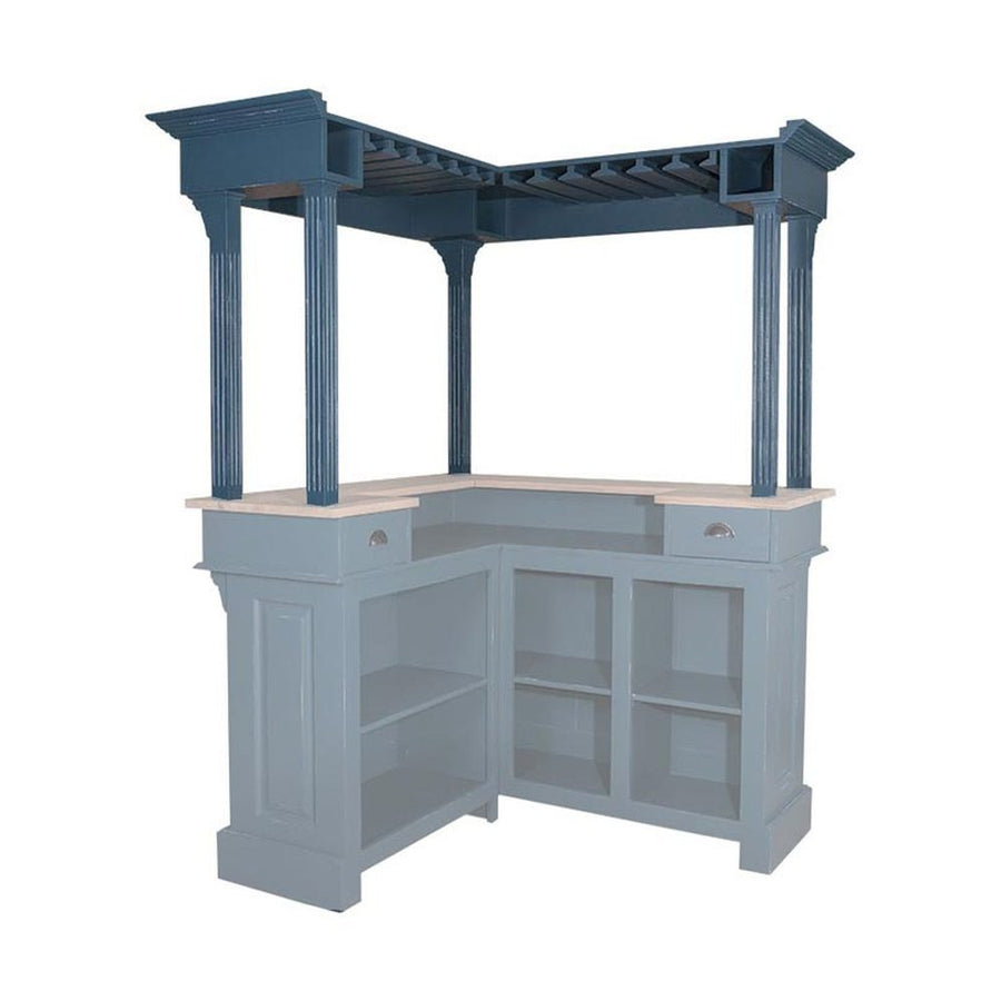 Kék színű, fenyőfából készült bárpult sarokelem öt oszlopon álló galériával. Hátsó nézet.