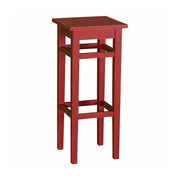 Fenyőfa hokedli-szerű bárszék magasított lábakkal. Színe: antikolt piros.