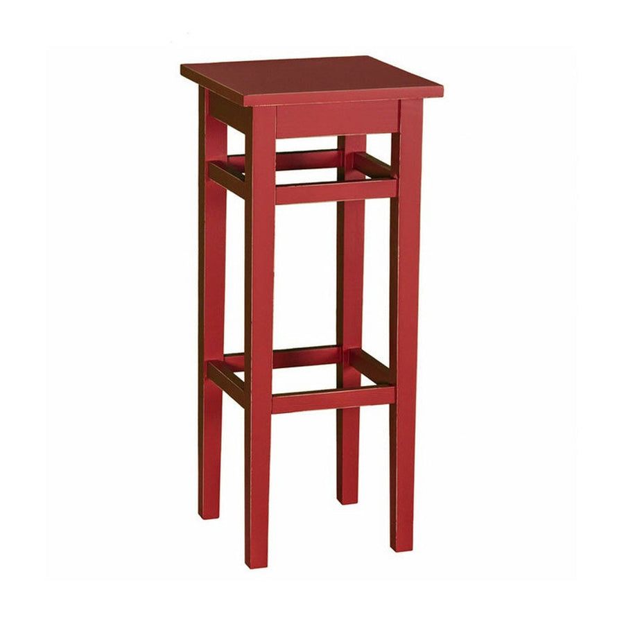 Fenyőfa hokedli-szerű bárszék magasított lábakkal. Színe: antikolt piros.