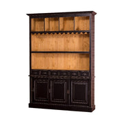 Tömör fenyőfából készült, prémium kategóriás, nagyméretű, 180 cm hosszú és 210 cm magas pohárszék, bárszekrény. Színe: antikolt fekete és natúr.