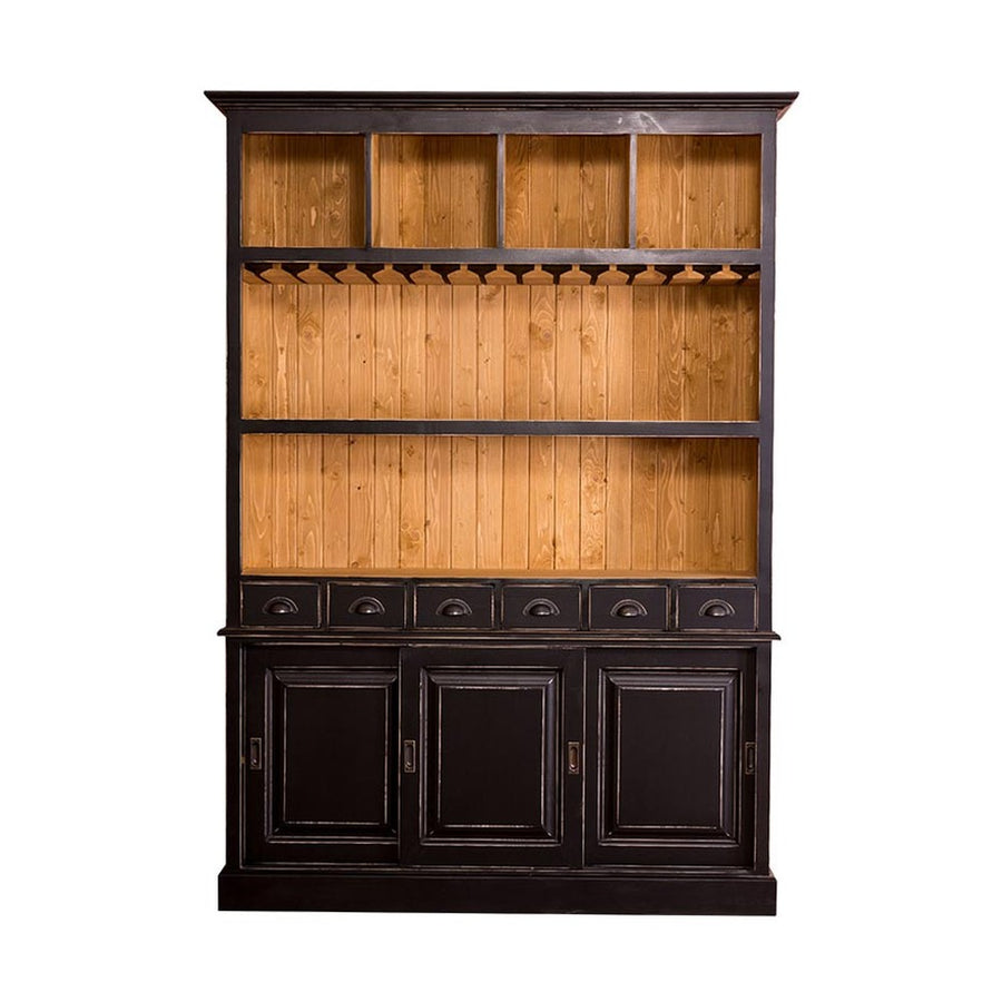 Tömör fenyőfából készült, prémium kategóriás, nagyméretű, 180 cm hosszú és 210 cm magas pohárszék, bárszekrény. Színe: antikolt fekete és natúr.