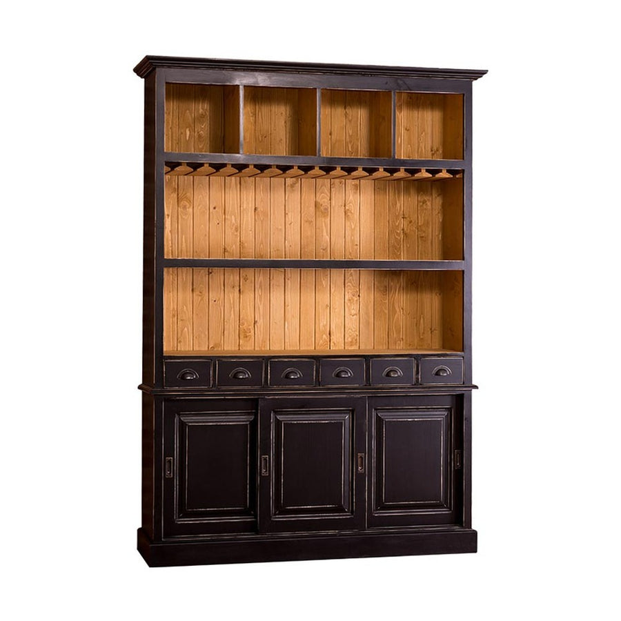 Tömör fenyőfából készült, prémium kategóriás, nagyméretű, 180 cm hosszú és 210 cm magas pohárszék, bárszekrény. Színe: antikolt fekete és natúr.