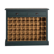 Fenyőfa borszekrény 49 bortartó rekesszel és két fiókkal. Natúr és sötéttürkiz színű.