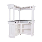 Fenyőfa bárpult sarokelem, hátsó nézet. Négy nagyméretű polccal és két fiókkal.