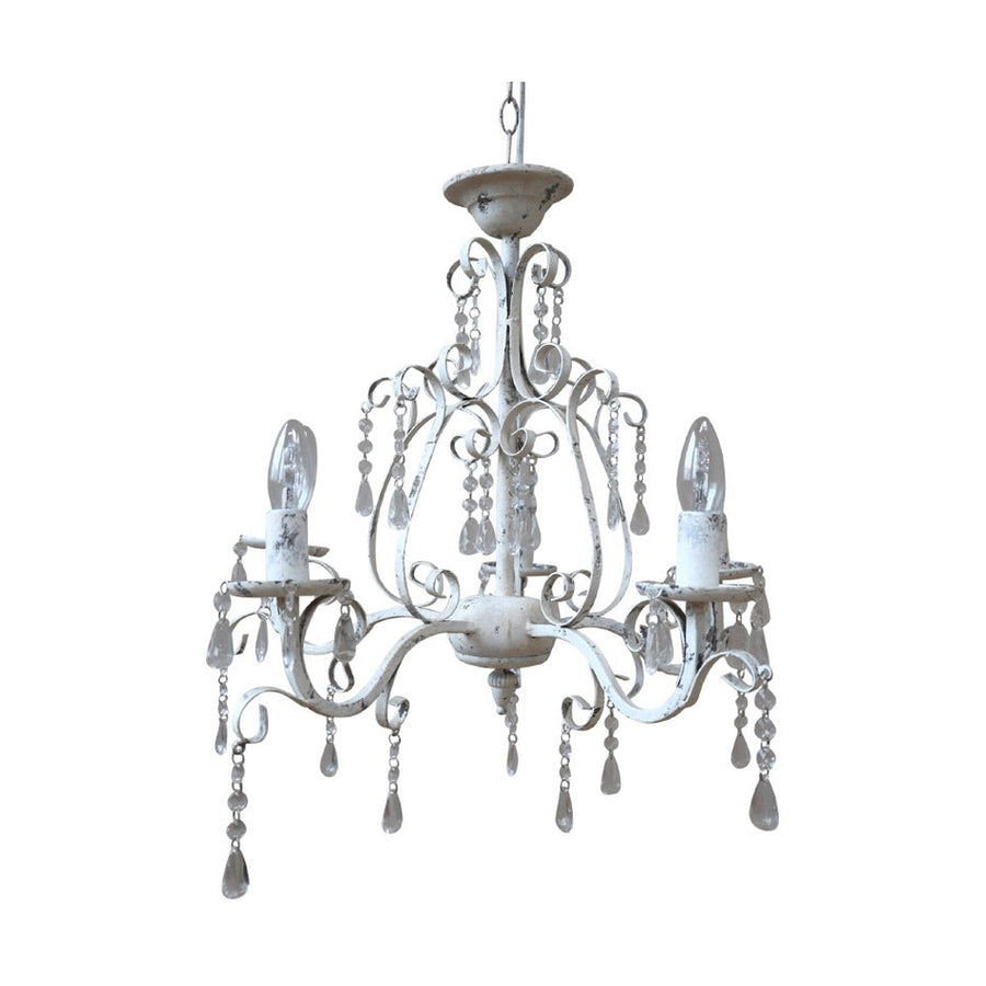 Shabby Chic stílusú csillár, öt izzótartó díszes karral. A csillárt akrilgyantából készült kristályfüzérek díszitik. Színe antikolt fehér.