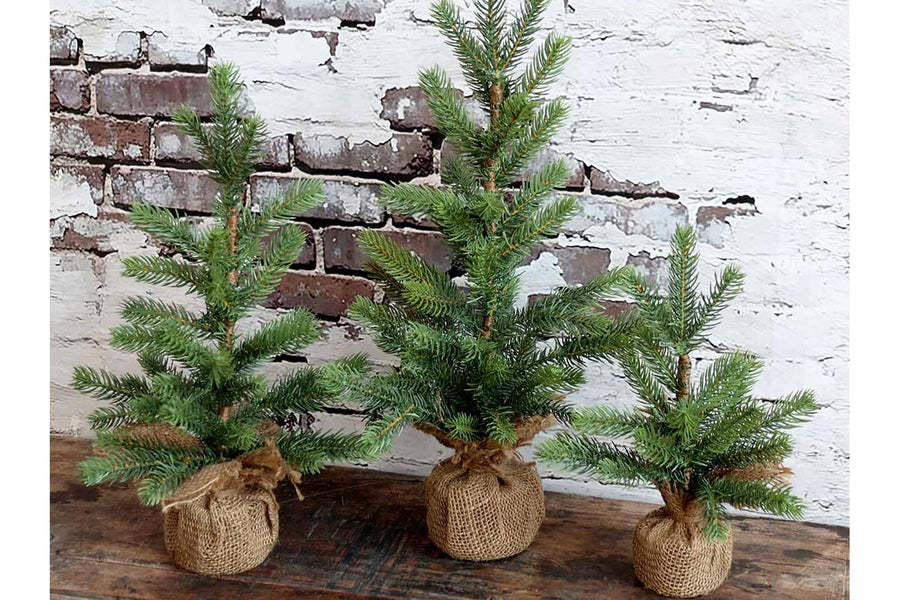 Loft stílusú konzolasztalon álló kisméretű, élethű fenyőfák kollekciója.