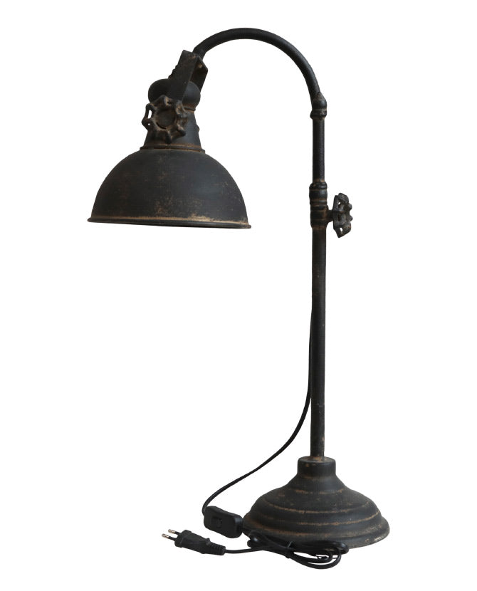 Ipari stílusú, antikolt fekete színű, fém asztali lámpa.