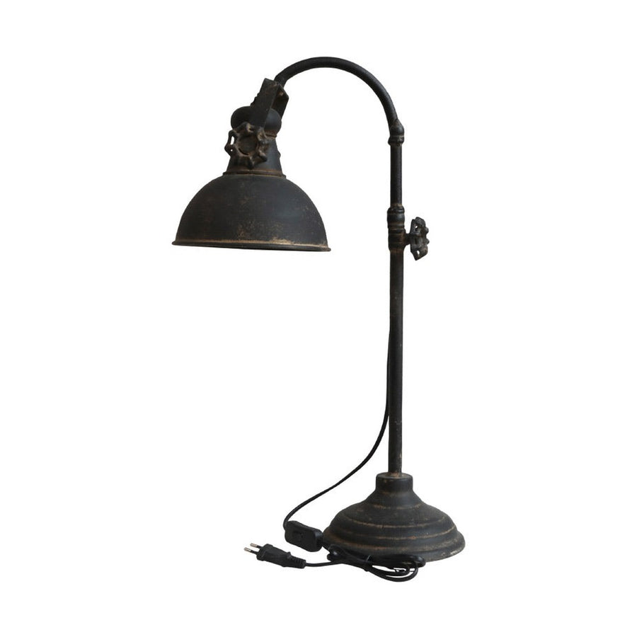 Ipari stílusú, antikolt fekete színű, fém asztali lámpa.