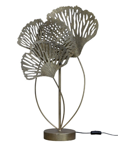 Glamour stílusú, antikolt rézszínű, fémből készült, páfrányfenyő leveleket mintázó asztali lámpa.