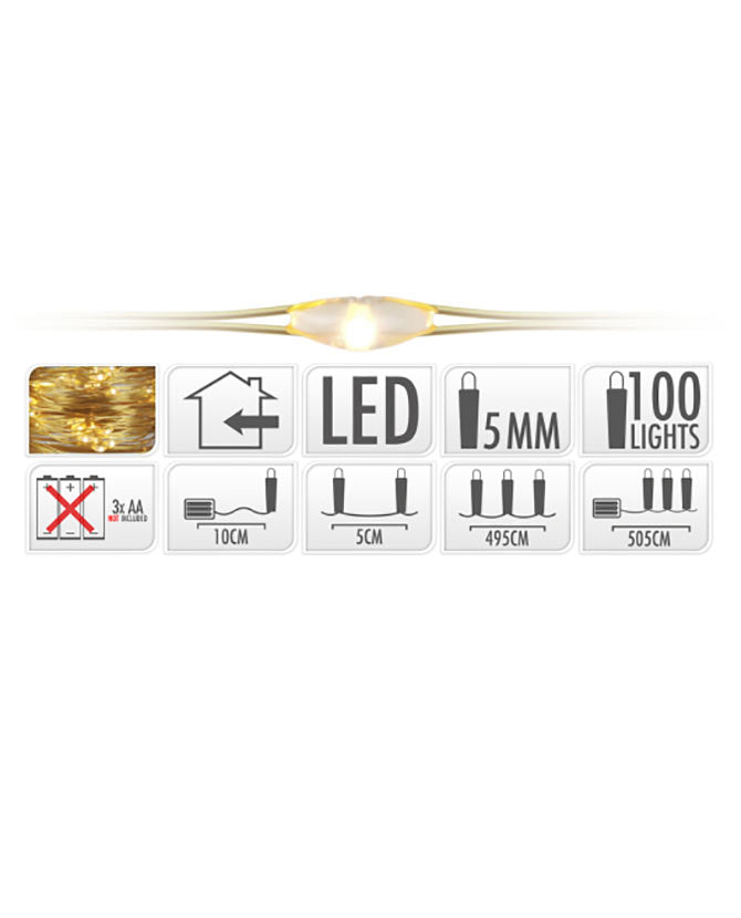 Meleg fehér fényű 100 LED-es, aranydrótos fényfüzér