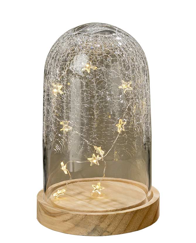 Vidéki stílusú, repesztett, foncsoros dizájnú üvegbúra fa talapzattal, karácsonyi csillag formájú, meleg fényű LED világítással