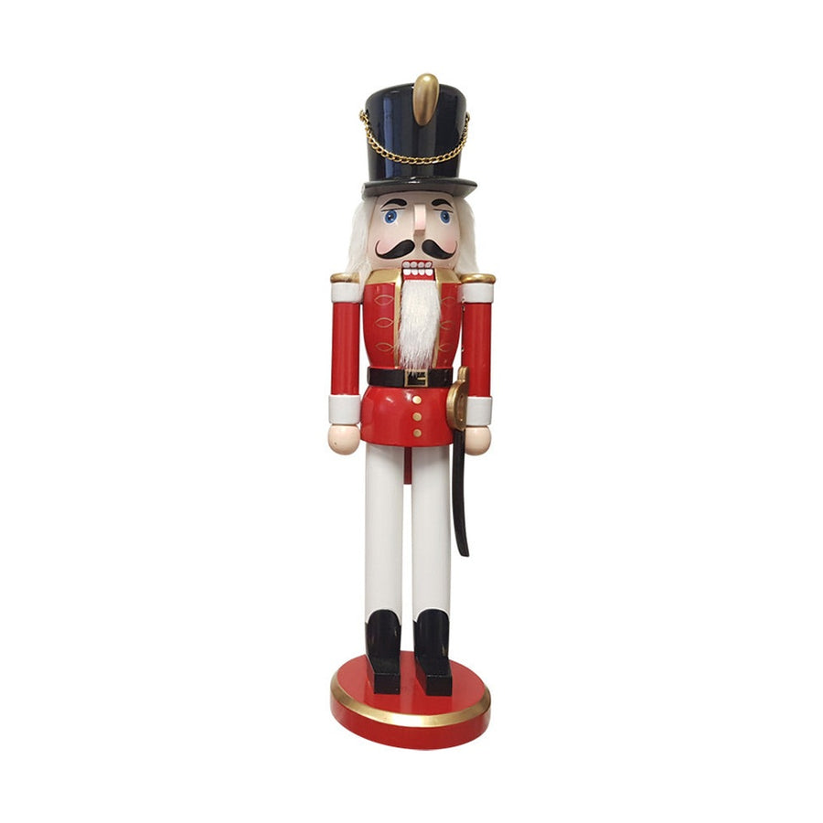 Klasszikus stílusú, piros, fehér, fekete és aranyszínű fából készült diótörő katona figura.