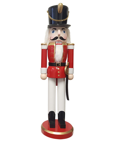 Klasszikus stílusú, piros, fehér, fekete és aranyszínű fából készült diótörő katona figura.