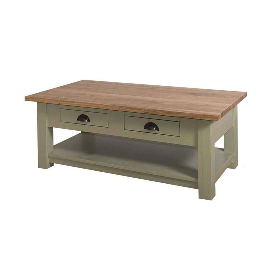 Klasszikus formatervezésű dohányzóasztal két fiókkal és egy polccal. Színe: zöld és natúr.