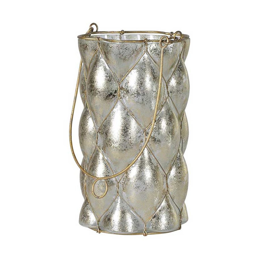 Glamour stílusú, ezüstözött üvegű, rézdróttal díszített patinás lámpás.