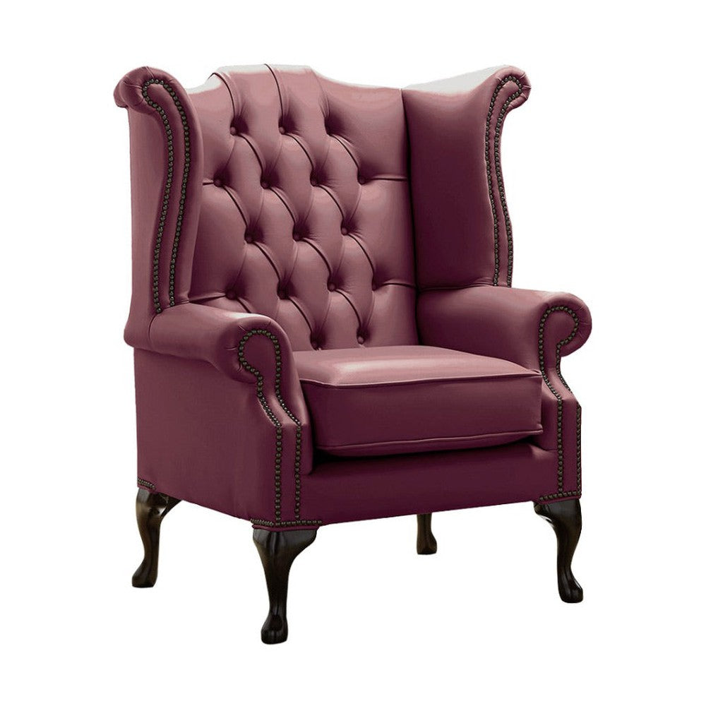 Vintage mályvaszínű bőrrel kárpitozott Chesterfield szárnyas fotel.