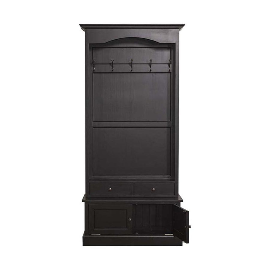 Fekete klasszicizáló előszobafal öt fogassal, két fiókkal és cipősszekrénnyel.