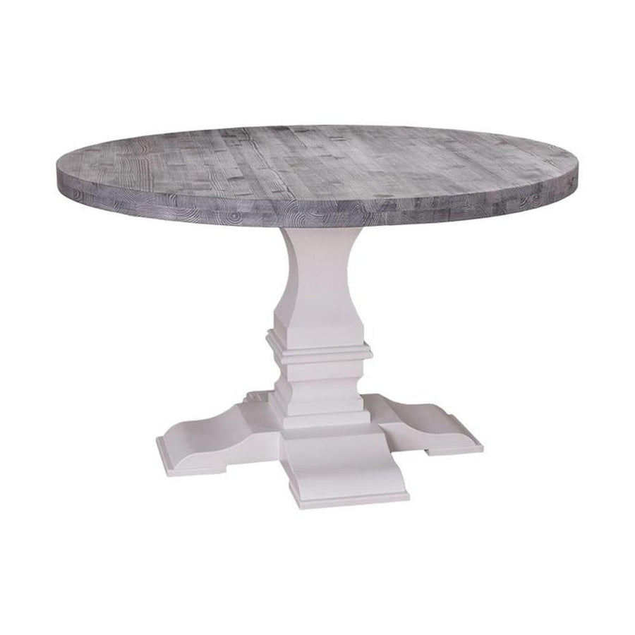 Fenyőfából készült kerek étkezőasztal vastag oszloplábon. Az asztallap pácolt szürke, az asztalláb fehér színű.